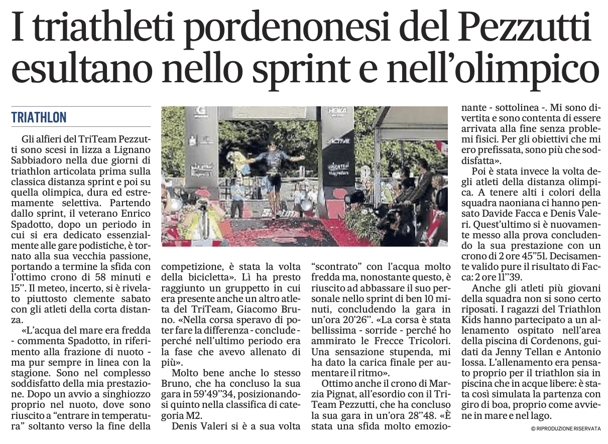 Il Gazzettino_26 aprile 2022: I triatleti pordenonesi del Pezzutti esultano nello sprint e nell'olimpico