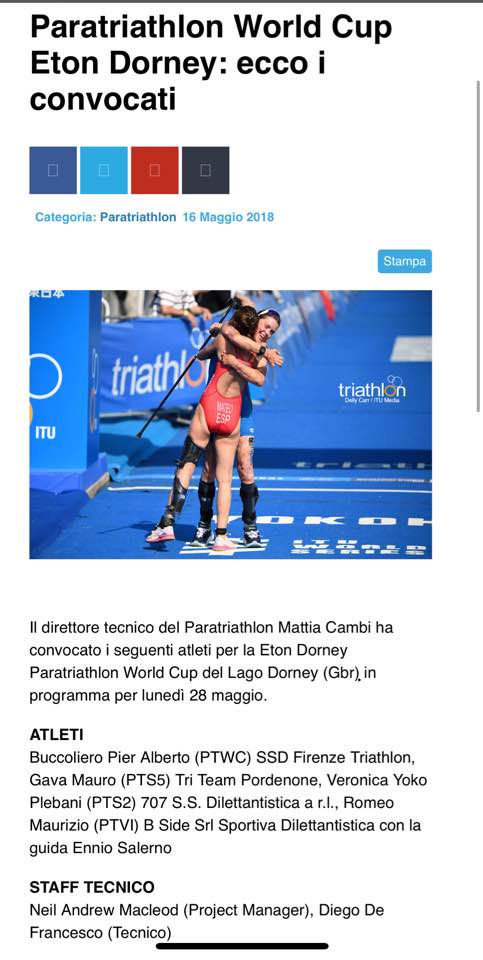 MAURO GAVA TRA I CONVOCATI DELLA NAZIONALE ITALIANA DI PARATRIATHLON PER LA WORLD CUP IN INGHILTERRA