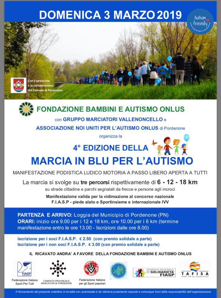 DOMENICA 3 MARZO 2019 TORNA A PORDENONE LA "MARCIA IN BLU" PER L’AUTISMO CON TANTE NOVITÀ