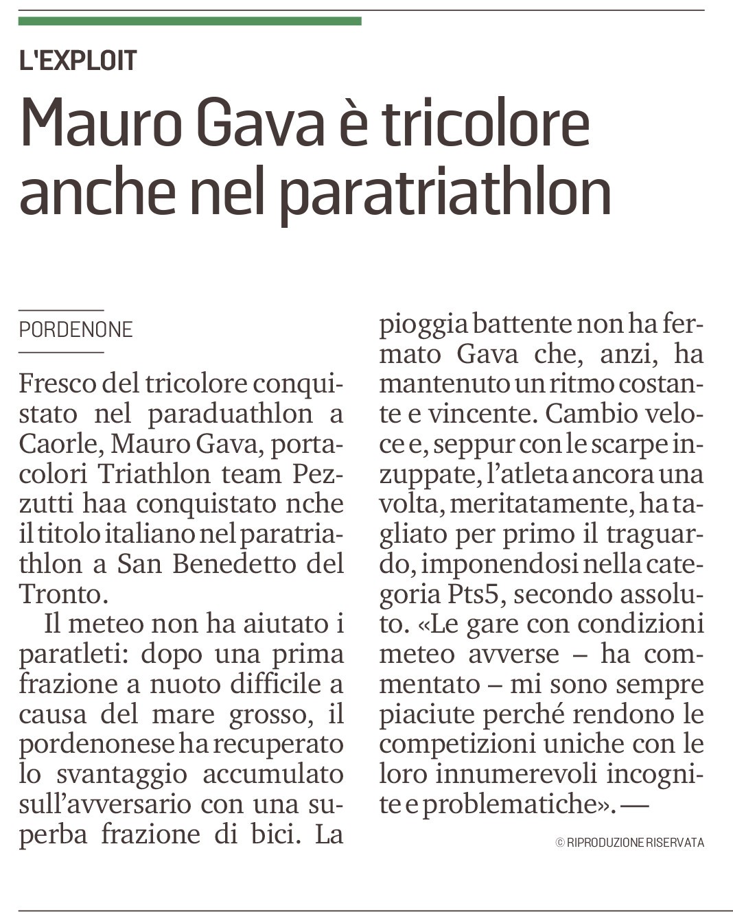Messaggero Veneto_28-10-2020_Mauro Gava è tricolore anche nel paratriathlon