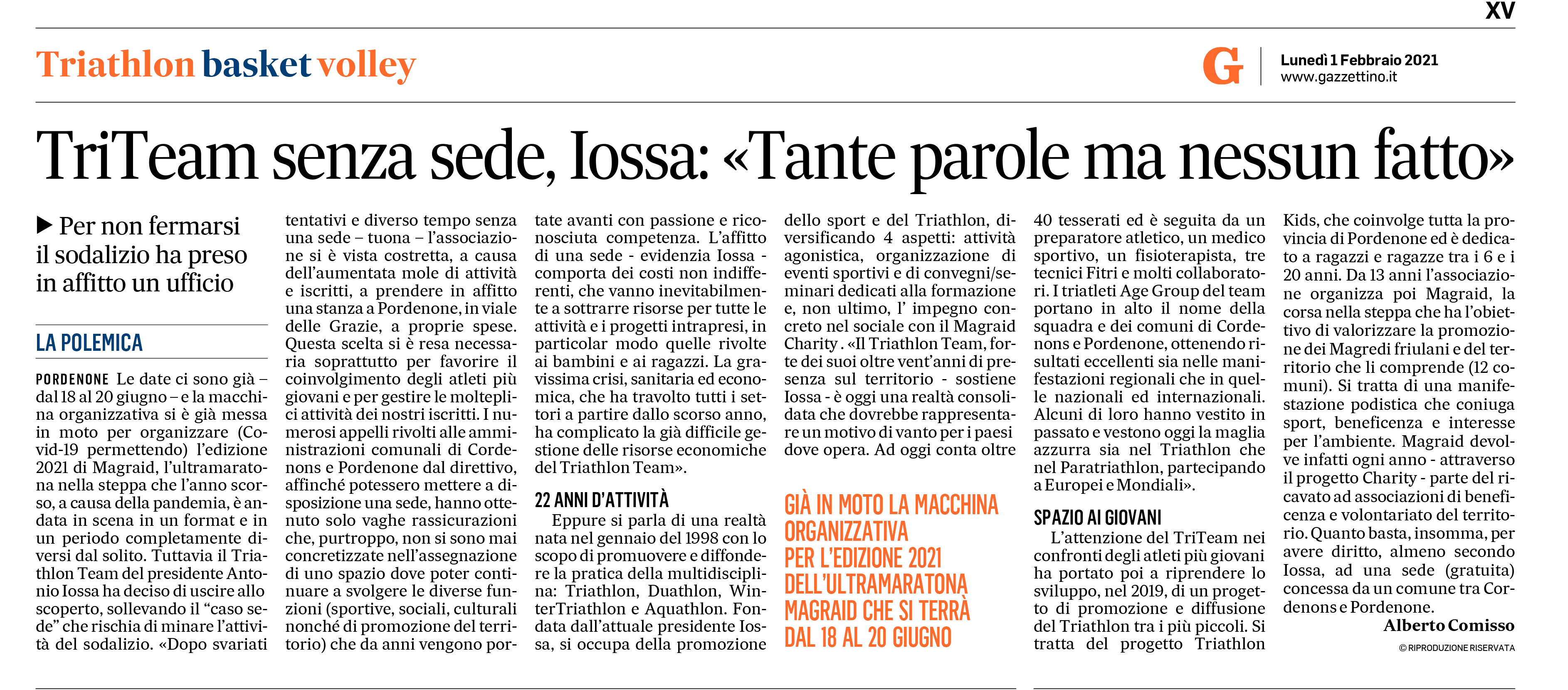 Il Gazzettino_01-02-2021_TriTeam senza sede, Iossa: "Tante parole ma nessun fatto"