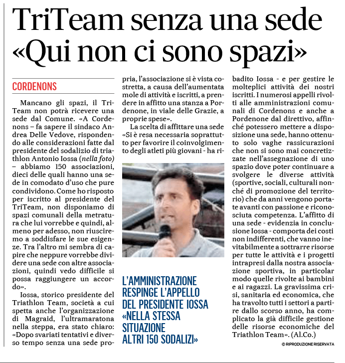 Il Gazzettino_04-02-2021: TriTeam senza una sede "Qui non ci sono spazi"