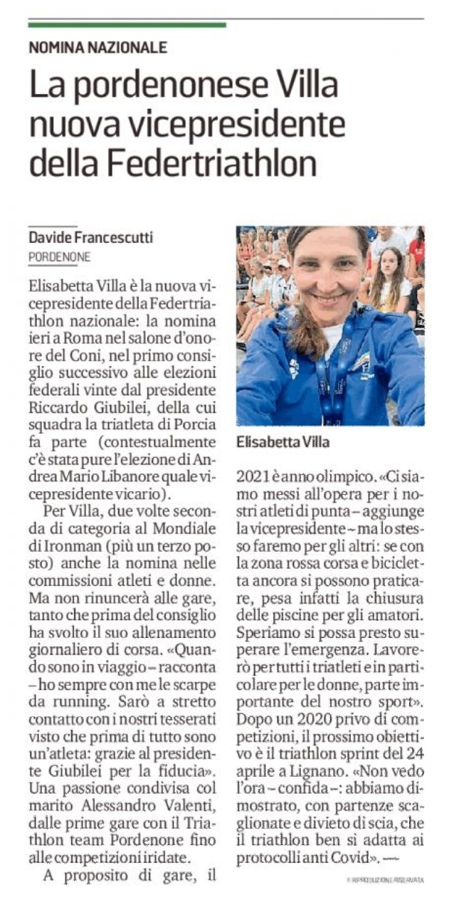 Messaggero Veneto_25-03-2021_La pordenonese Villa nuova vicepresidente della Federtriathlon