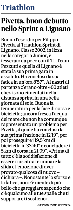 Gazzettino_05-05-2021: Pivetta, buon debutto nello Sprint a Lignano