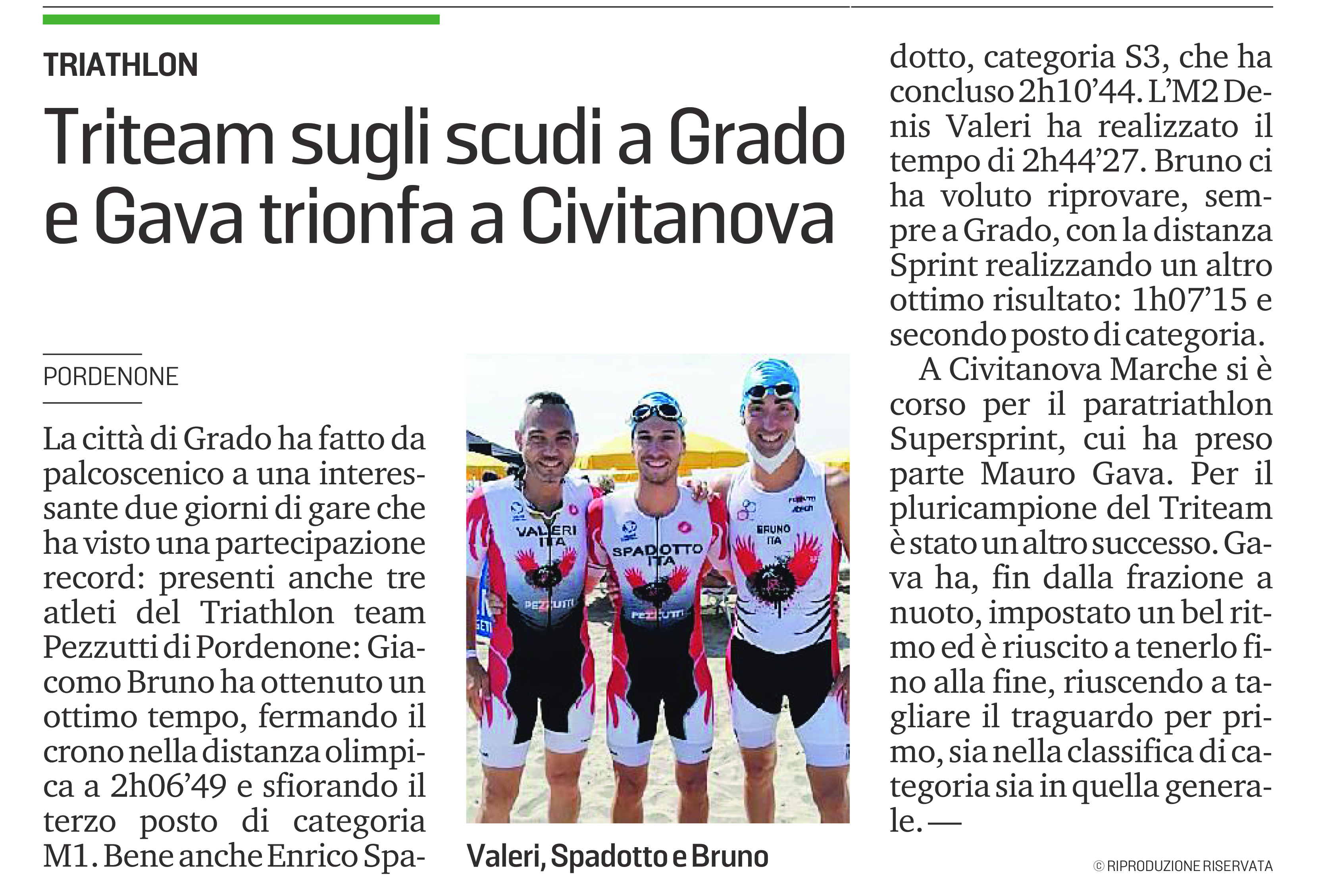 Messaggero Veneto_7 settembre 2021: Triteam sugli scudi a Grado e Gava trionfa a Civitanova