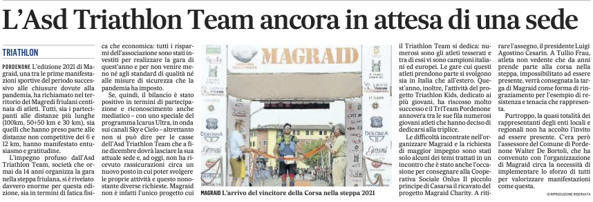 Gazzettino_21 ottobre 2021: Bruno primeggia a Lignano; 22 ottobre 2021: L'Asd Triathlon Team ancora in attesa di una sede