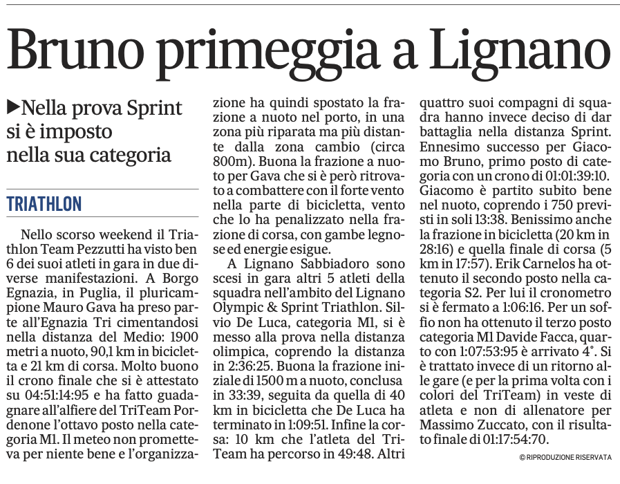 Gazzettino_21 ottobre 2021: Bruno primeggia a Lignano; 22 ottobre 2021: L'Asd Triathlon Team ancora in attesa di una sede