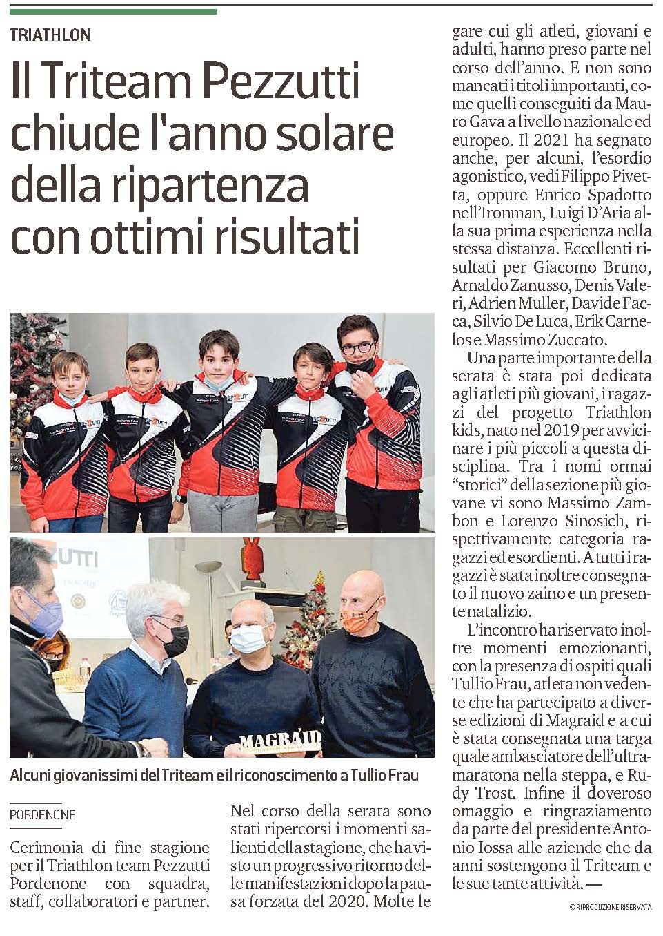 Il Gazzettino_13-12-2021: Il Triathlon Team Pezzutti chiude l'anno solare della ripartenza con ottimi risultati