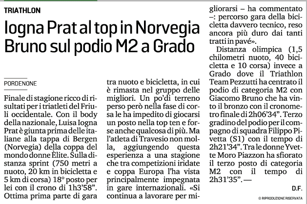 Messaggero Veneto_8 settembre 2022: Iogna Prat al top in Norvegia Bruno sul podio M2 a Grado