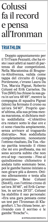 Gazzettino_10-03-2023: Colussi fa il record e pensa all'Ironman