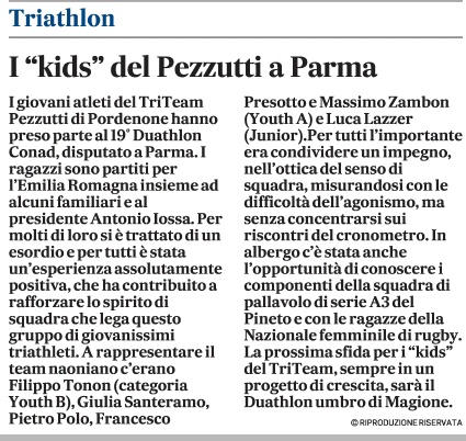 Gazzettino_07-04-2023:  I "Kids" del Pezzutti a Parma