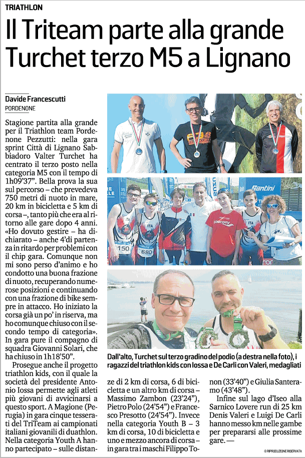 Messaggero Veneto_27-04-2023: Il Triteam parte alla grande Turchet terzo M5 a Lignano